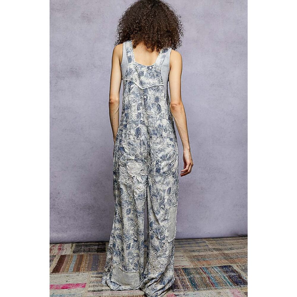 "Daisy Chain" Floral Embroidered Overalls in Blue - Picture 4 of 4
